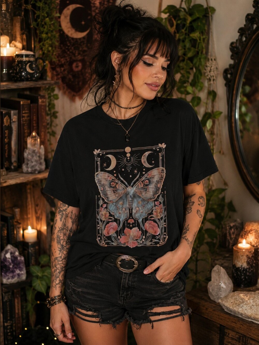 Celestial Moth Moon Graphic Tee | Boho Witchy Gothic Shirt | Size Medium NWOT